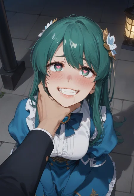 score_9, score_8_up, score_7_up, source_anime, masterpiece, 4k, high quality, (best quality:1.1), minakami, green_hair, long_hair, red_eyes, blue_gloves, elbow_gloves, long_sleeves, blue_dress, hair_ornament, blue_bowtie, jewelry, thigh_boots, blue_footwear, dark ally, against wall, above view, looking up, shadow over face, scared smile, wide eyes, cowering, heavy breathing, hot breath, night, low light, street lights, looking at viewer, pov, chin grab,, grin, heart shaped pupils, tears, drooling, [:heart1shape-eye:0.5], viewer grabbing throat, monster hand, chocking, eyes rolling back,