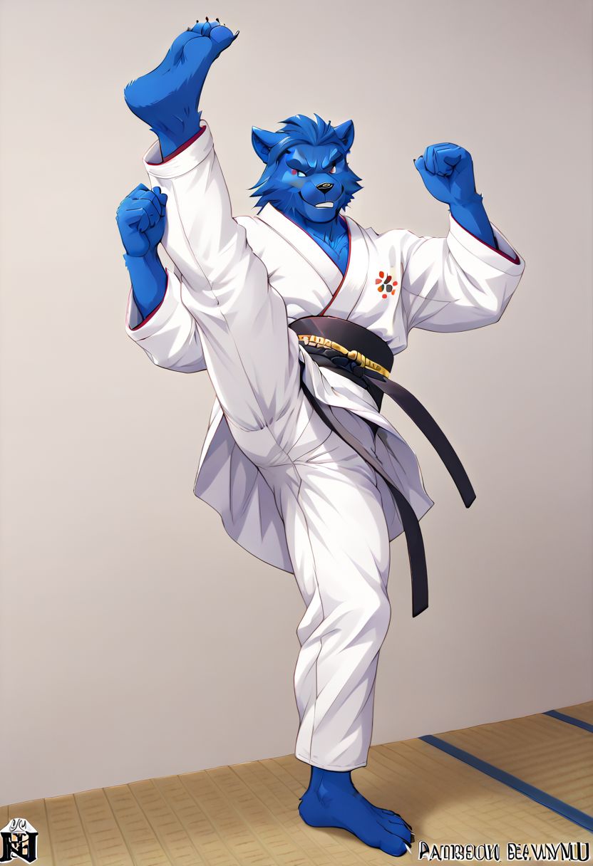 (((Barefoot furry character, full body, cinematic setting, furry male, plantigrade))) 
(((Beast from X-Man))), muscular, beefy, brawny, (((wears white kimono and lonh white pants))), (((performs karate kick))), high kick, lifted leg,  blue fur on entire body
BREAK, detailed background, 8K, (masterpiece:1.5), intricate details, highly detailed, extreme detail, octane render, fine art, best quality, highres, (detailed face:1.5), ((full_body)), UHD, (((perfect hands))), low light