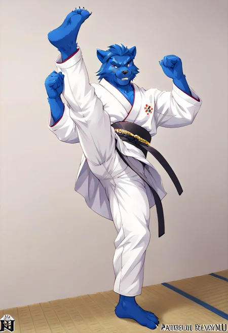 (((Barefoot furry character, full body, cinematic setting, furry male, plantigrade))) 
(((Beast from X-Man))), muscular, beefy, brawny, (((wears white kimono and lonh white pants))), (((performs karate kick))), high kick, lifted leg,  blue fur on entire body
BREAK, detailed background, 8K, (masterpiece:1.5), intricate details, highly detailed, extreme detail, octane render, fine art, best quality, highres, (detailed face:1.5), ((full_body)), UHD, (((perfect hands))), low light