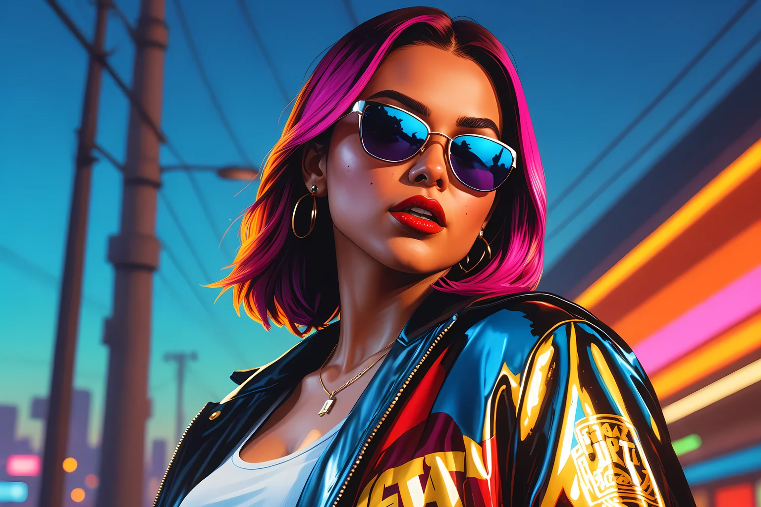 UHD, 8K, ultra detailed, a cinematic photograph of GTA-style artwork 1girl . satirical, exaggerated, pop art style, vibrant colors, iconic characters, action-packed, beautiful lighting, great composition