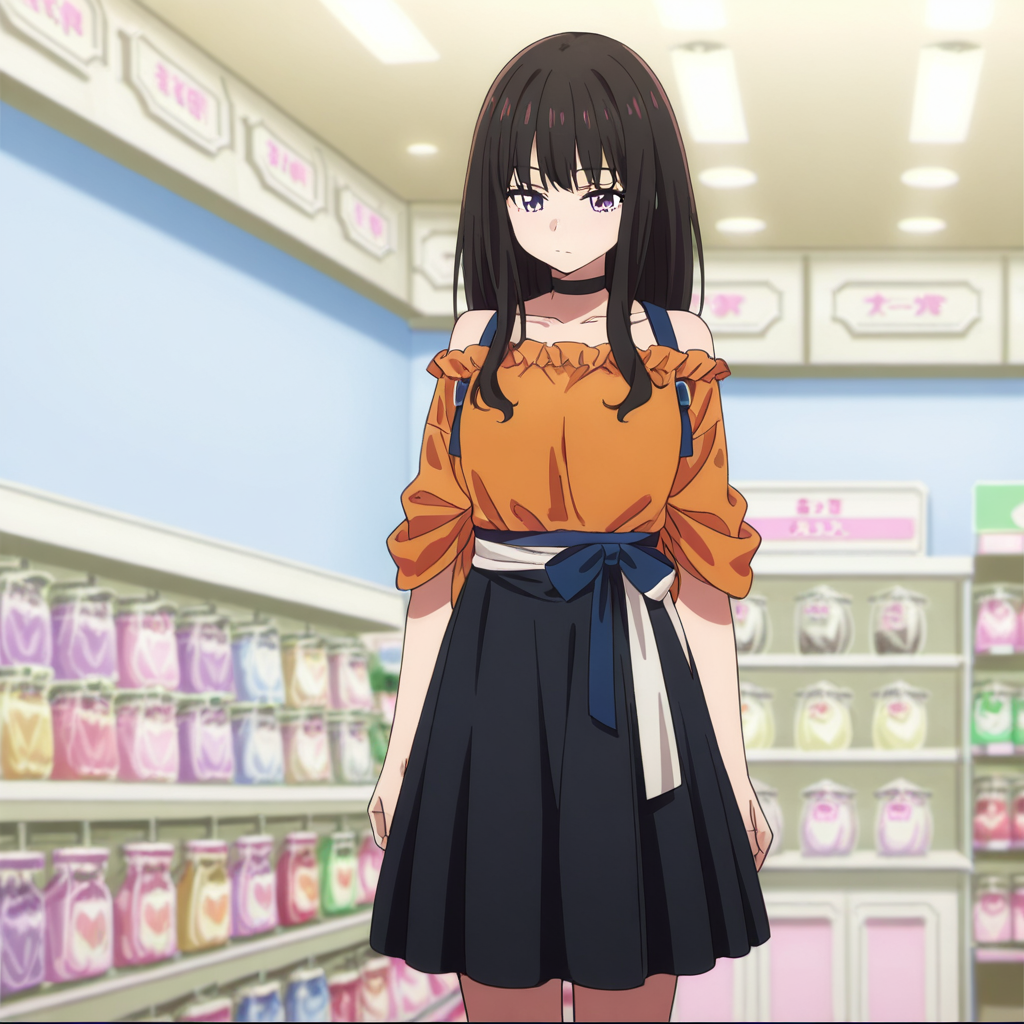 nsfw, masterpiece,best quality,amazing quality,1girl, solo, lycoris_recoil_takina_lnoue, standing, black hair, long hair, purple eyes, choker, shirt, bangs, off-shoulder shirt, off shoulder, black choker, closed mouth, bare shoulders, frills, collarbone, orange shirt, black skirt,indoor,  tasuki, shop, <lora:Takina_Inoue_-_Lycoris_Recoil:0.7>