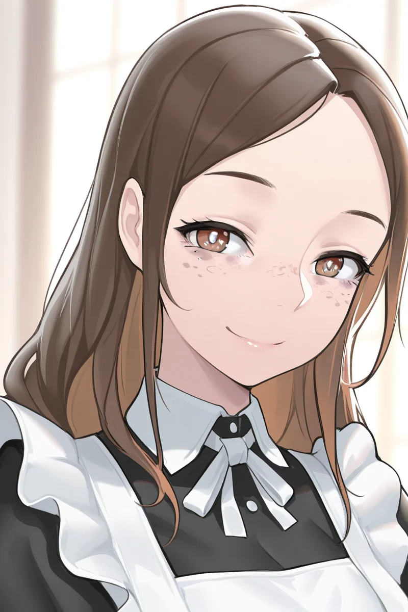 masterpiece, best quality, amazing quality,
<lora:Personality_IL:1> personality, 1girl, solo, brown hair, hetero, brown eyes, long hair, freckles, maid, maid dress, smile, portrait,