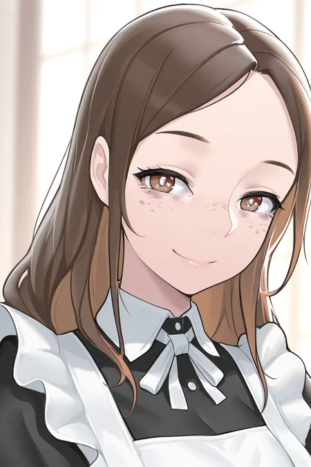 masterpiece, best quality, amazing quality,
<lora:Personality_IL:1> personality, 1girl, solo, brown hair, hetero, brown eyes, long hair, freckles, maid, maid dress, smile, portrait,