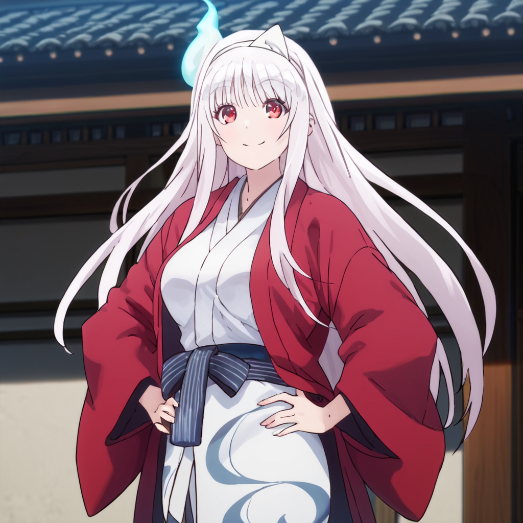 score_9, score_8_up, score_7_up, score_6_up, score_5_up, score_4_up, source_anime, , Yuuna, very long hair, red eyes, white hair, japanese clothes, large breasts, , soft smile, standing, hands on hips