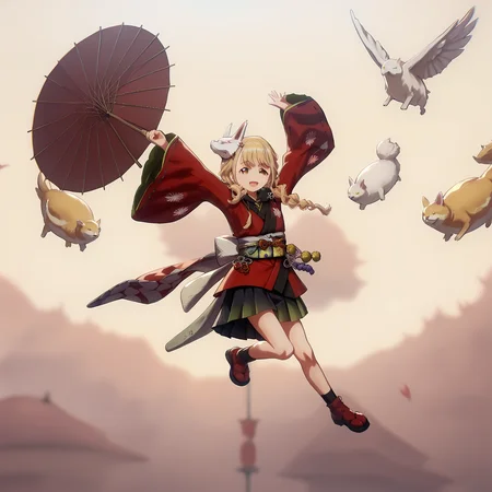 score_9, score_8_up, score_7_up, score_6_up, source_anime, 8k, detailed, hires, absurdres,
<lora:holdhang-pony:0.8>, holdhang, sakasahang, arms above head, holding parasol,
<lora:kotone.pony-v1.3:1> kotone, kamuro, parasol, happy
sky, floating, flying, above clouds,