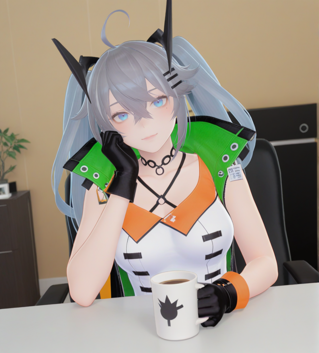 <lora:ã¯ãªãªãã£ã¢Kuoritia:1>,1girl, 
ã¯ãªãªãã£ã¢(Kuoritia),grey hair, twintails, ahoge,crossed bangs,hair between eyes,blue eyes,
hair ornament,headgear,
sleeveless dress,
jacket,black gloves,
single thighhigh,thigh strap,
black boots,
coffee mug, collarbone, crescent, cup, drinking. looking at viewer, mug, print mug, solo, star /(symbol/), upper body, 
very awa, masterpiece, best quality, highres, absurdes,amazing quality,very aesthetic,intricate details, <lora:hand 5.5:1>