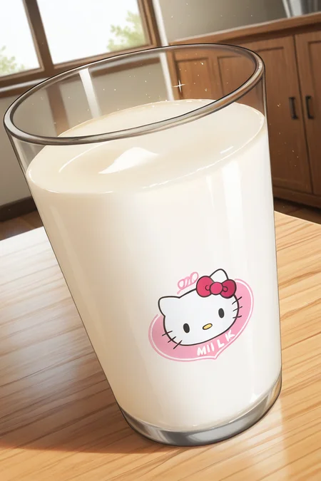 realistic shading, natural lighting, food focus, dafoodie, sparkling food focus, sparkle, cup of milk, creamy liquid, cute hello kitty print on cup, indoors bedroom, dynamic angle, intricately detailed illustration, depth of field, atmospheric perspective, masterpiece, best quality, amazing quality, very aesthetic, absurdres, newest