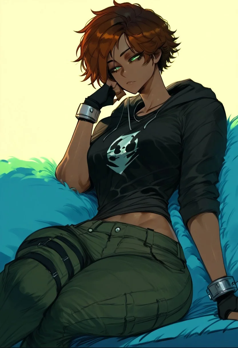 score_9, score_8_up, score_8. score_9, score_8_up, score_7_up, score_6_up, masterpiece, 4k, high quality, (best quality:1.1), ExpressiveH, close up, dutch angle.
1girl, solo, tomboy, Short messy hair, Choppy hair, auburn hair, toned. sharp green eyes, tanned skin, Open Hoodie with black T-shirt. green cargo pants, fingerless gloves, leather cuff bracelet. black Shirt, Female, Handsome. Sitting on a blue couch, sexy, legs crossed
Perfect, Perfect face, High Detailed. csr style, ng_deepnegative_v1_75t, easynegative, morimee_style, aid291, masoq