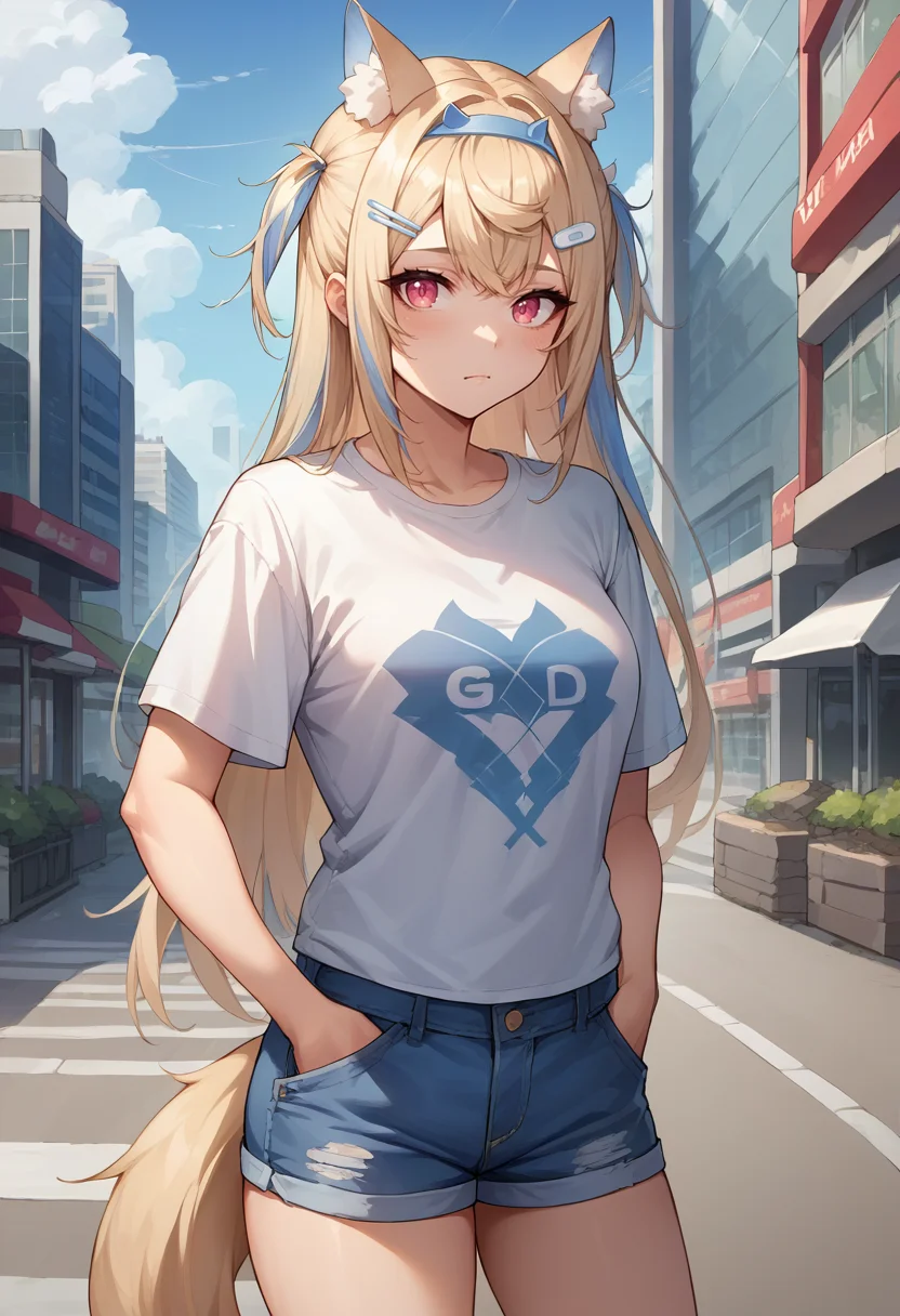 score_9, score_8_up, source_anime, 1girl, solo, FuwawaAbyssgard, long hair, two side up, streaked hair, hairband, hairclip, tail, t-shirt, denim shorts, standing, outdoors, city, hands in pockets, <lora:ChamFuwawaAbyssgardPonyXL:1>