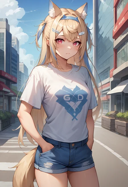 score_9, score_8_up, source_anime, 1girl, solo, FuwawaAbyssgard, long hair, two side up, streaked hair, hairband, hairclip, tail, t-shirt, denim shorts, standing, outdoors, city, hands in pockets, <lora:ChamFuwawaAbyssgardPonyXL:1>