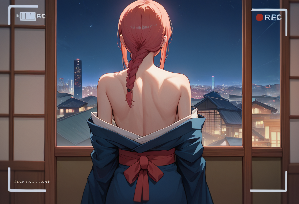 score_9, score_8_up, score_7_up, source anime , 1girl, camera frame ,  <lora:Camera frame-000015:1>  makima \(chainsaw man\), kimono, off shoulder, from behind, shoulder blades,  cityscape, night,