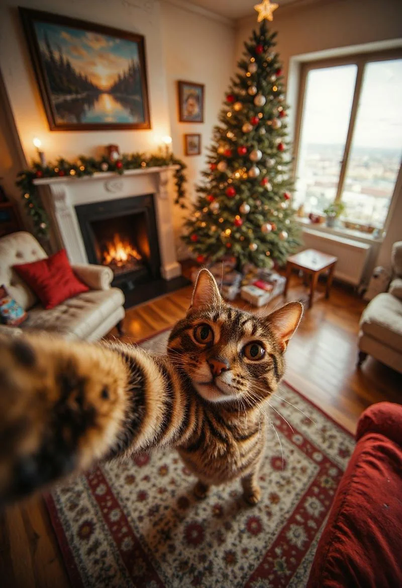 a cat taking a funny selfie in a christmas living room