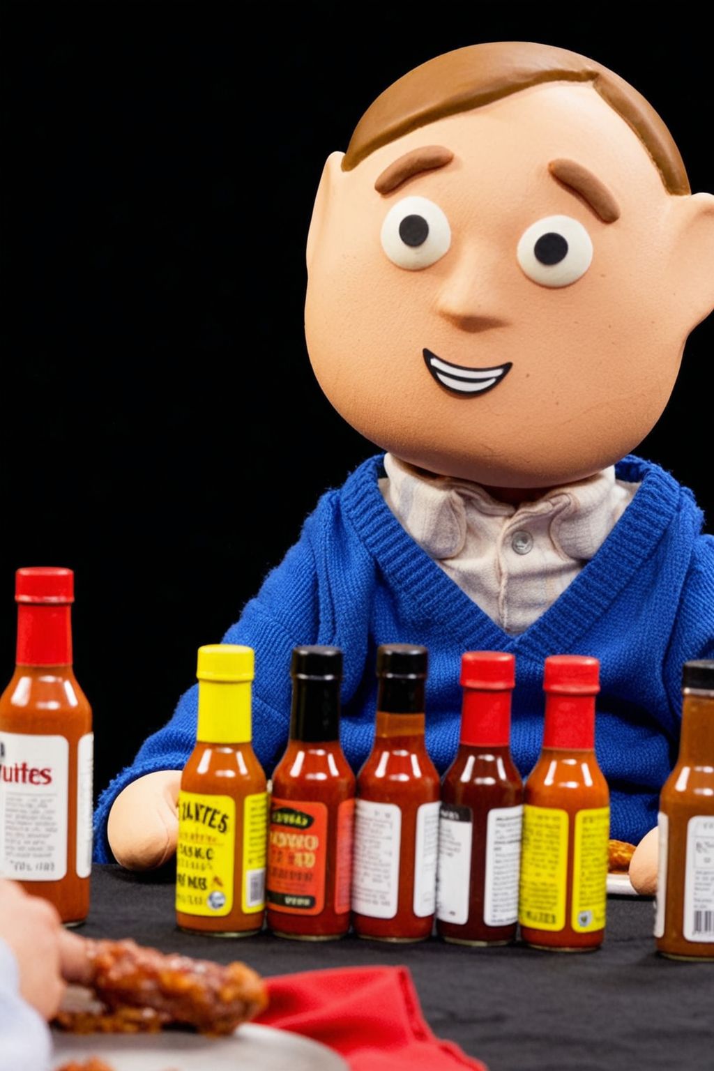 claymation style of moral oral, hotones, closeup, 1boy, solo, sitting, bottles of hot sauce, plate of hot wings on table, black background, red napkin in lap, white shirt, blue sweater, looking at someone, smiling