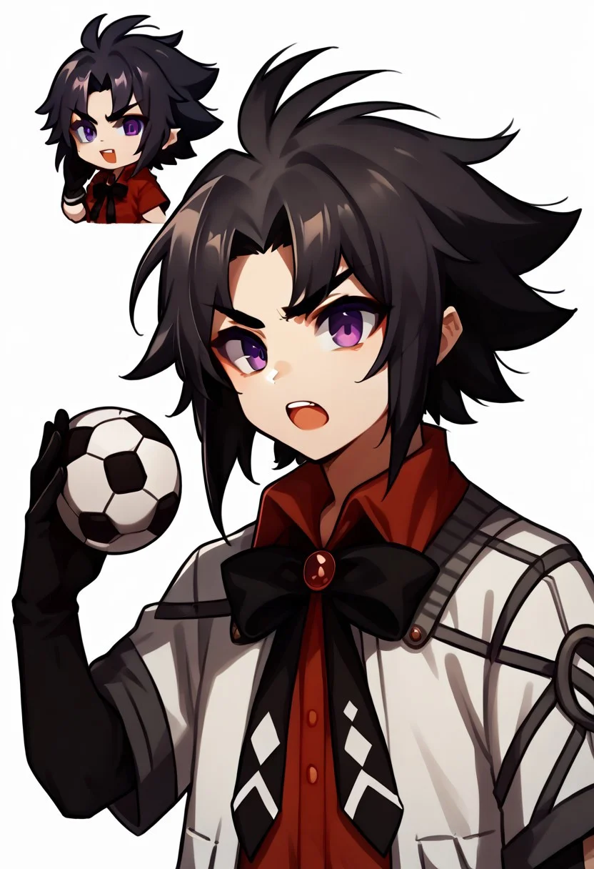 score_9, score_8_up, score_7_up, sticker, chibi, reference inset, <lora:GenshinImpactStickerRedraw_pdxl_Incrs_v1:1>,white background, detailed skin,play football,football,revin,coat,red_shirt,black_bow,black_gloves,dark_hair,purple eyes,open mouth,<lora:revin_brenten10:1>