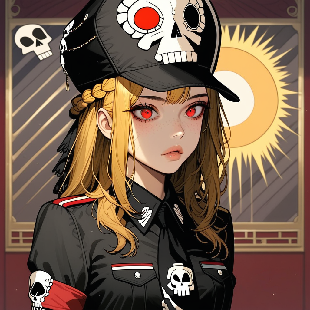 long length hair, golden hair, crown-braid, half up and down hairstyle, bright red eyes, oval face, sun-kissed skin with a sprinkling of freckles, slim body, medium high, expressive eyebrows, full lips, small breast, detailed background, skull hat ornament, uniform, military uniform, black uniform, hat, cap, black cap, armband, collared shirt, black necktie,, indoors, hands behind back, cowboy shot,
