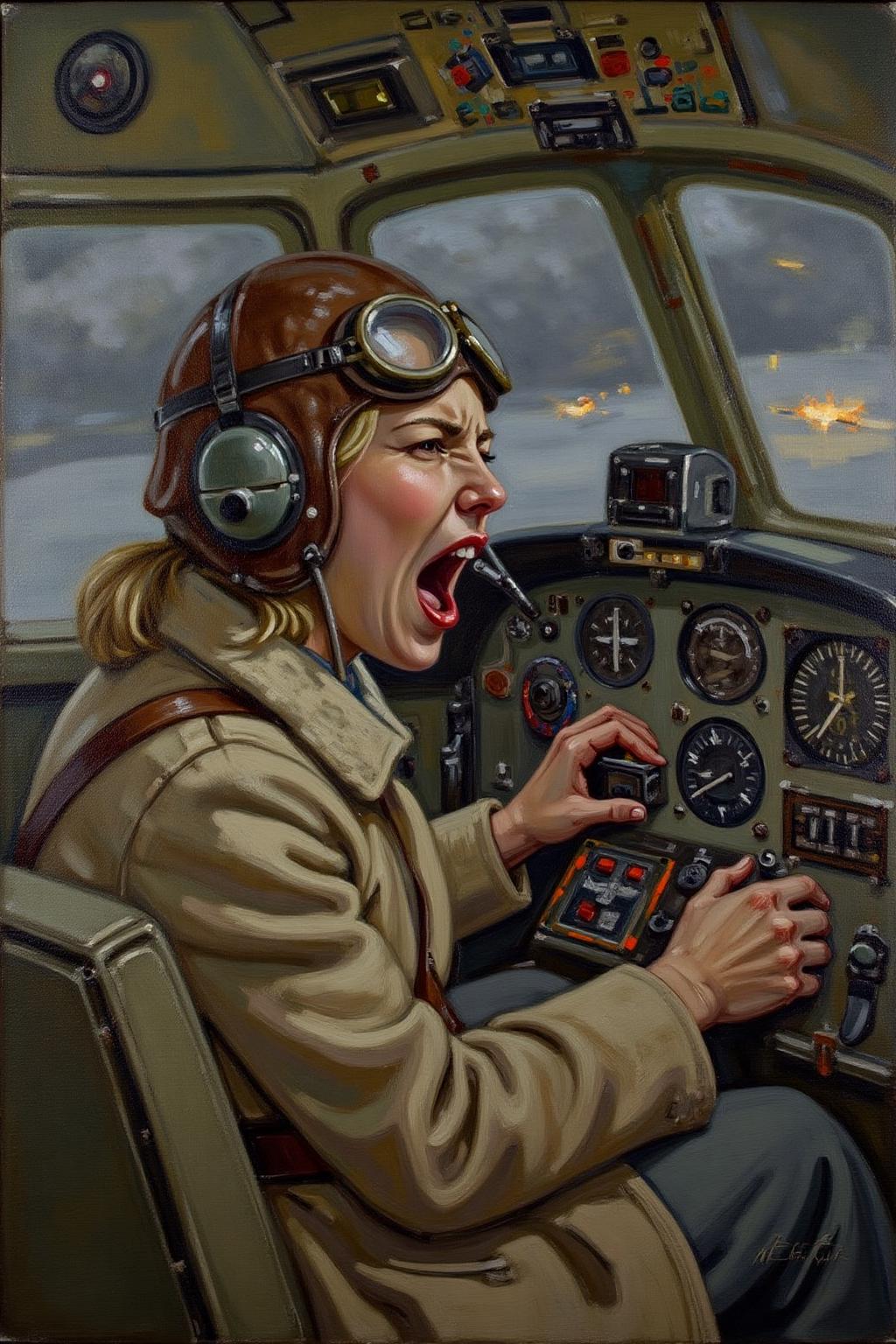 helenmcnicoll2 painting. 
A female pilot screaming inside the cockpit of a World War II bomber. The pilot, wearing a vintage leather flight helmet with goggles and a bomber jacket, grips the controls with white-knuckled hands. Her face is contorted in a mix of fear and determination as she yells, her eyes wide with adrenaline. The cockpit is cramped and filled with old-fashioned dials and gauges, with the outside view showing dark stormy clouds and distant anti-aircraft fir  <lora:helenmcnicoll2_cap_d6a3:1.0><lora:838472754282933910:0>