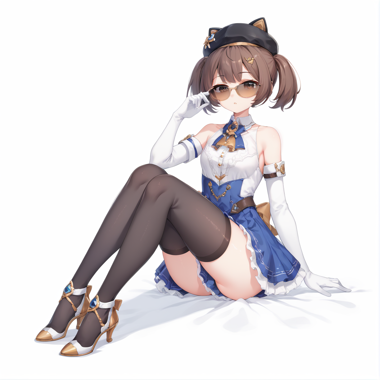 score_9, score_8_up, score_7_up, simple background,
1girl, infinitynikki set1, black hat, white elbow gloves, bare shoulders, sunglasses, black thighhighs, high heels, blue skirt,
bdgunner, brown hair, short twintails, 
<lora:infinitynikki_set1_pony_v1:0.8>  <lora:bdgunner_pony_v1:0.8>
