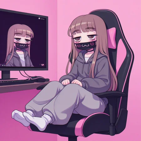 Paula,1girl,Brown hair,mask with :3 symbol,choker,bangs, hoodie,baggy gray pants,white socks,Long hair
Paula playing with her PSP while showing off her feet. Paula is sitting in a gaming chair. In the background, a pink room.