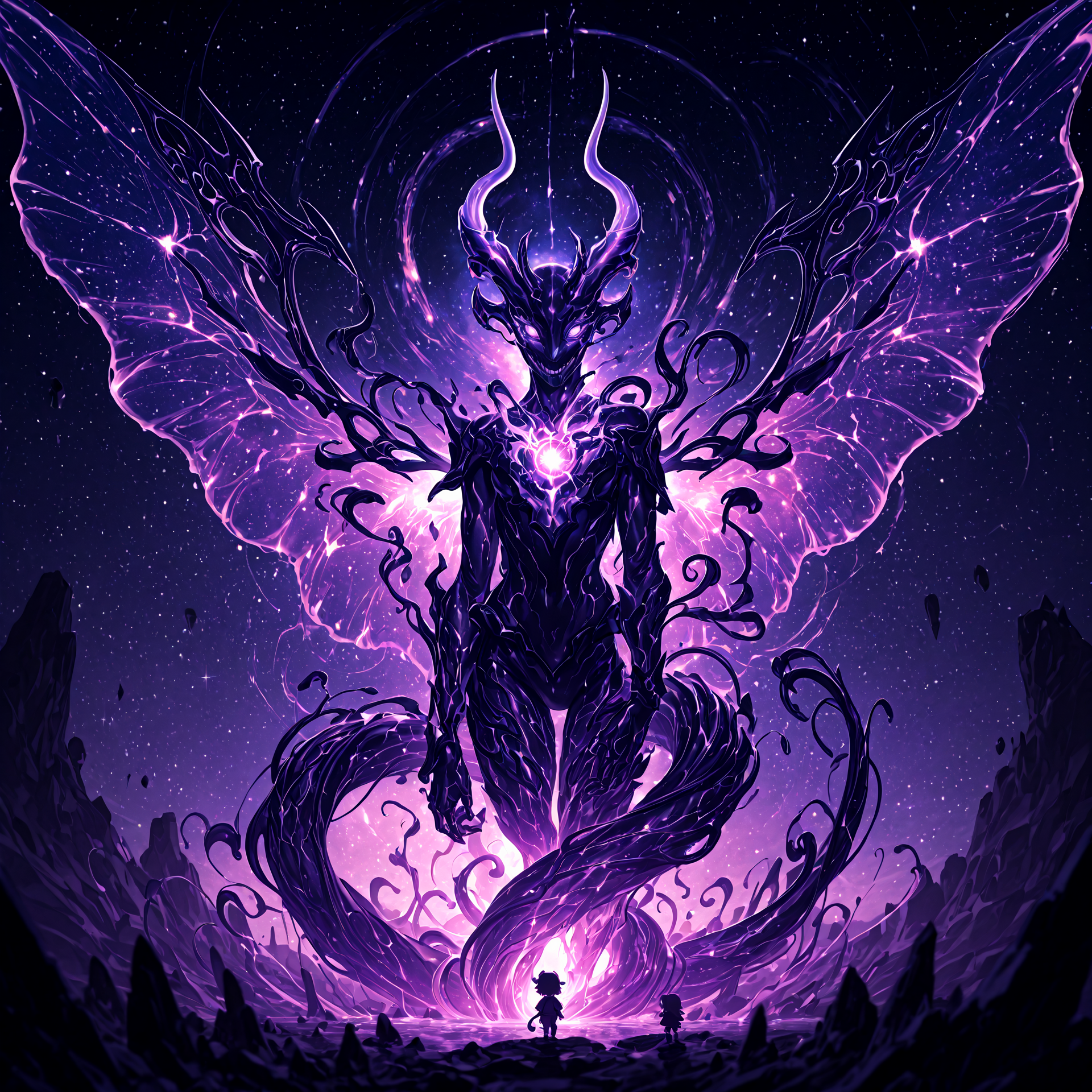 smooth quality, HDR, 8K, masterpiece, best quality, amazing quality, very aesthetic, absurdres, newest, (scenery, volumetric lighting),depth of field, chibi, colossal celestial beast, serpentine and draconic form, shimmering obsidian and amethyst scales, radiant cosmic veins pulsing with nebula energy, piercing white-hot singularity eyes, shifting translucent wings of pure starlight, undulating tendrils of astral mist, fragmented crystalline horns, ethereal golden sigils carved into its armored hide, swirling black-hole core within its chest, backdrop of a collapsing supernova, nebula storm in deep violet and indigo, cascading trails of stardust, reality-distorting presence, soft yet overwhelming radiance, cinematic divine glow, ultra-detailed cosmic textures, infinite abyssal depth. <lora:add-detail-xl:2> <lora:illustrious_quality_modifiers_masterpieces_v1:1>