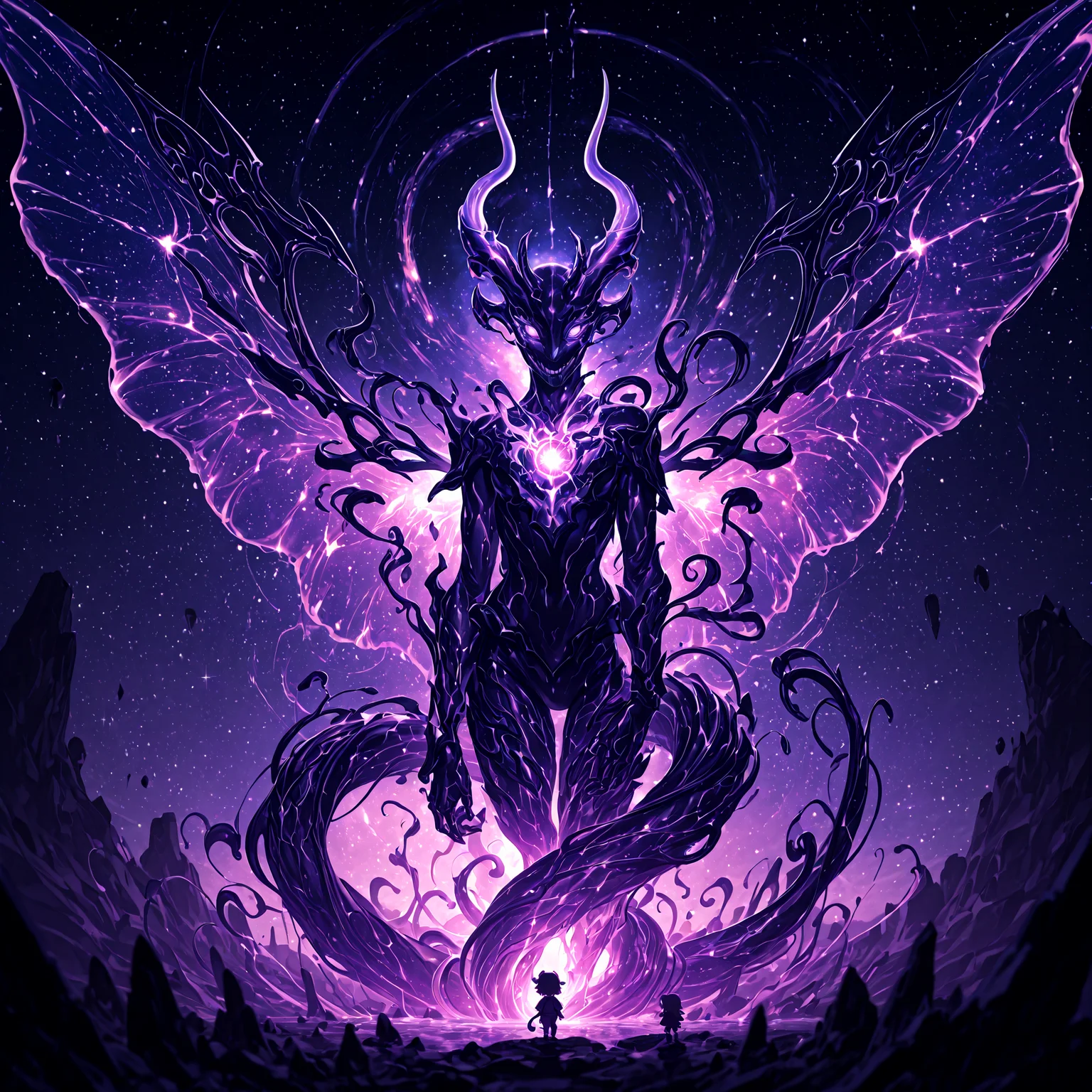 smooth quality, HDR, 8K, masterpiece, best quality, amazing quality, very aesthetic, absurdres, newest, (scenery, volumetric lighting),depth of field, chibi, colossal celestial beast, serpentine and draconic form, shimmering obsidian and amethyst scales, radiant cosmic veins pulsing with nebula energy, piercing white-hot singularity eyes, shifting translucent wings of pure starlight, undulating tendrils of astral mist, fragmented crystalline horns, ethereal golden sigils carved into its armored hide, swirling black-hole core within its chest, backdrop of a collapsing supernova, nebula storm in deep violet and indigo, cascading trails of stardust, reality-distorting presence, soft yet overwhelming radiance, cinematic divine glow, ultra-detailed cosmic textures, infinite abyssal depth. <lora:add-detail-xl:2> <lora:illustrious_quality_modifiers_masterpieces_v1:1>