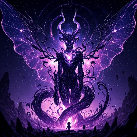 smooth quality, HDR, 8K, masterpiece, best quality, amazing quality, very aesthetic, absurdres, newest, (scenery, volumetric lighting),depth of field, chibi, colossal celestial beast, serpentine and draconic form, shimmering obsidian and amethyst scales, radiant cosmic veins pulsing with nebula energy, piercing white-hot singularity eyes, shifting translucent wings of pure starlight, undulating tendrils of astral mist, fragmented crystalline horns, ethereal golden sigils carved into its armored hide, swirling black-hole core within its chest, backdrop of a collapsing supernova, nebula storm in deep violet and indigo, cascading trails of stardust, reality-distorting presence, soft yet overwhelming radiance, cinematic divine glow, ultra-detailed cosmic textures, infinite abyssal depth. <lora:add-detail-xl:2> <lora:illustrious_quality_modifiers_masterpieces_v1:1>