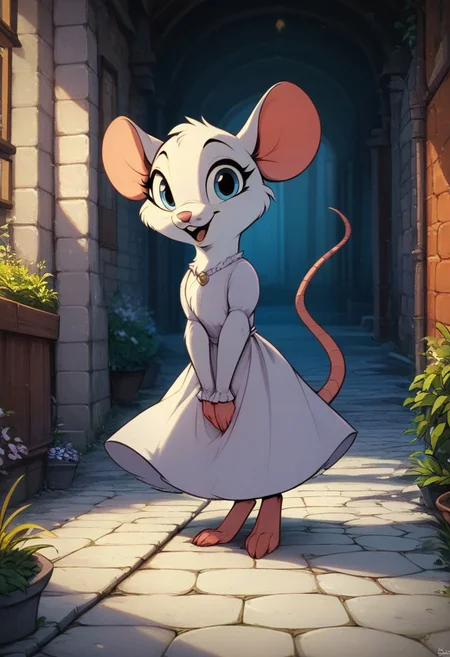 score_9, score_8_up, score_8, solo, (fluffy:0.8), (feral), furry, (((mouse))), female, (fluffy cheeks:0.7), (simple dress), cute, (solo:2), j_cartoon, village, cobblestone path, look at viewer, (smile:0.5),