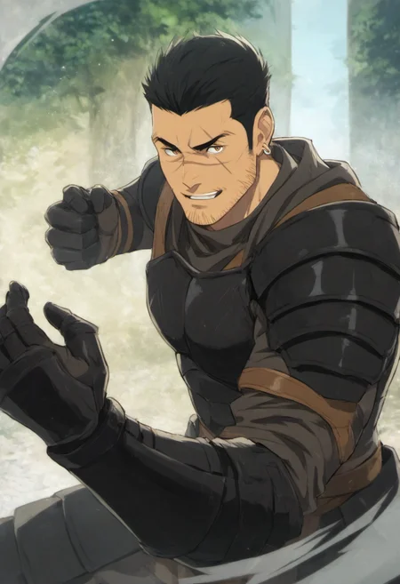 1boy, GridHalf, (scars on face), scar over nose, facial hair, earring, black armor, forest environment, score_8_up, score_7_up, score_6_up, score_9_up, face_focus, fantasy, ancient ,medieval, short hair, attack pose, hairy, muscular, centered, looking at viewer,  8k uhd, high quality,