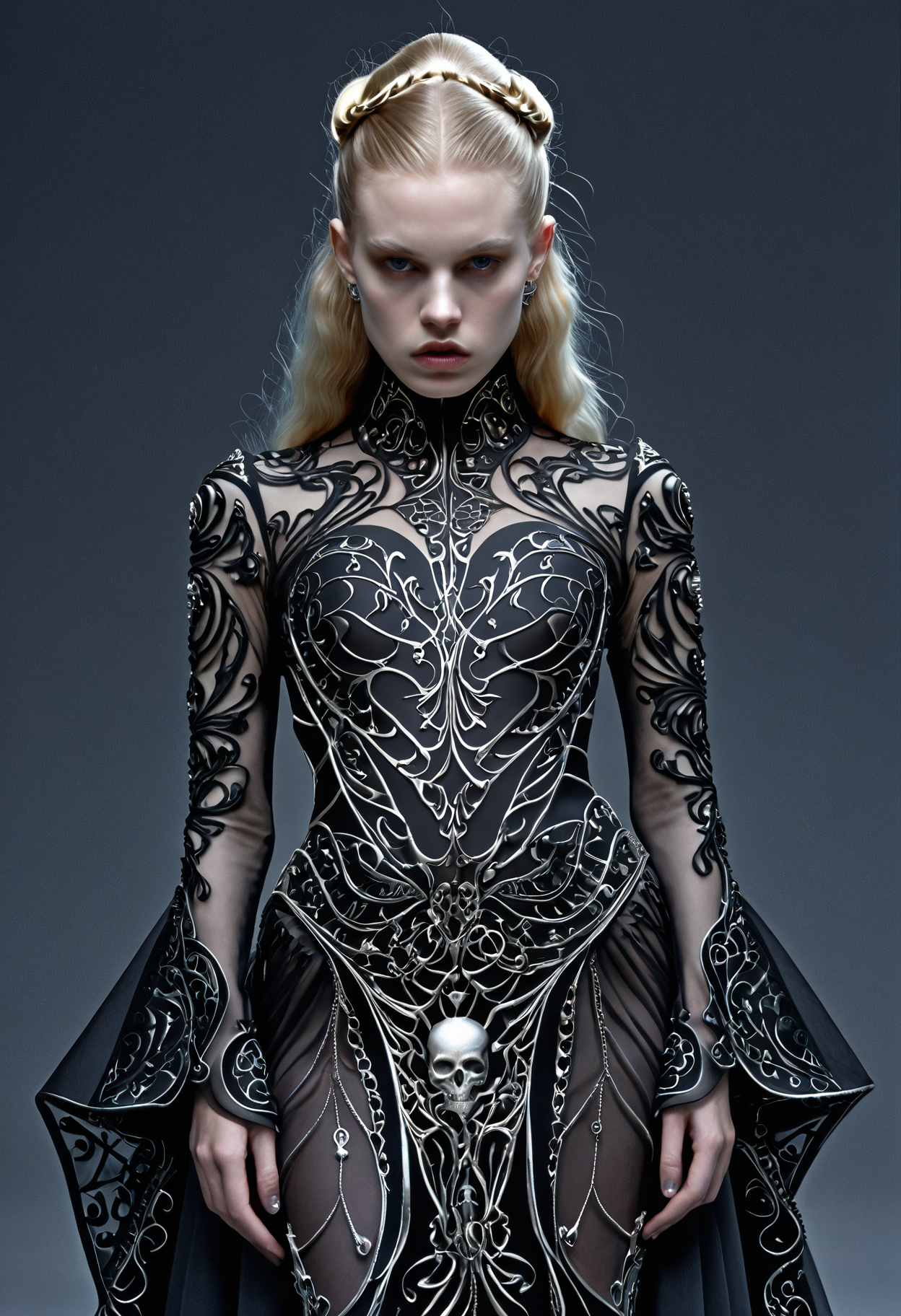 Gothic style <lora:Alex Grey OC-000005:1>,Alex Grey,1girl,<lora:Alexander McQueen-art deco-000005:1>,Alexander McQueen, . Dark, mysterious, haunting, dramatic, ornate, detailed