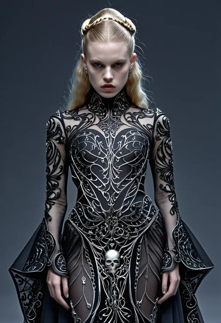 Gothic style <lora:Alex Grey OC-000005:1>,Alex Grey,1girl,<lora:Alexander McQueen-art deco-000005:1>,Alexander McQueen, . Dark, mysterious, haunting, dramatic, ornate, detailed