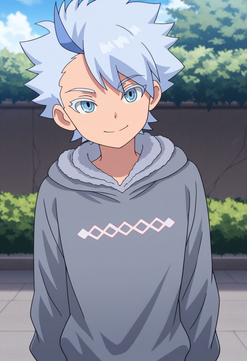 masterpiece,best quality,amazing quality, source_anime,
FroyGirikanan, 
1boy, male focus, solo, blue eyes, multicolored hair, grey hair, blue hair, hoodie, grey hoodie, hood,  smile,
outdoor,
