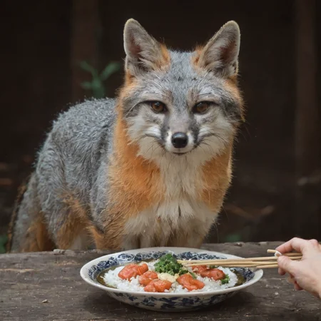 a fox made of rice fighting off a pair of chop sticks with fish
<lora:Gray_Fox-v1.10:0.8> gray fox