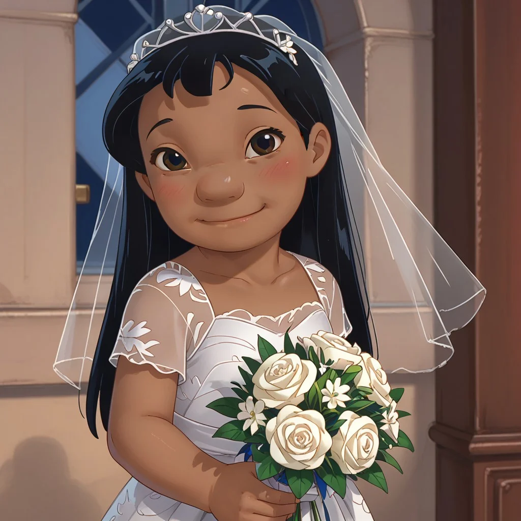 score_9, score_8, score_7, break, solo, lilo_pelekai, dark skin, black hair, long hair, black eyes, wedding dress, bouquet, looking at viewer, blush, smile, chapel