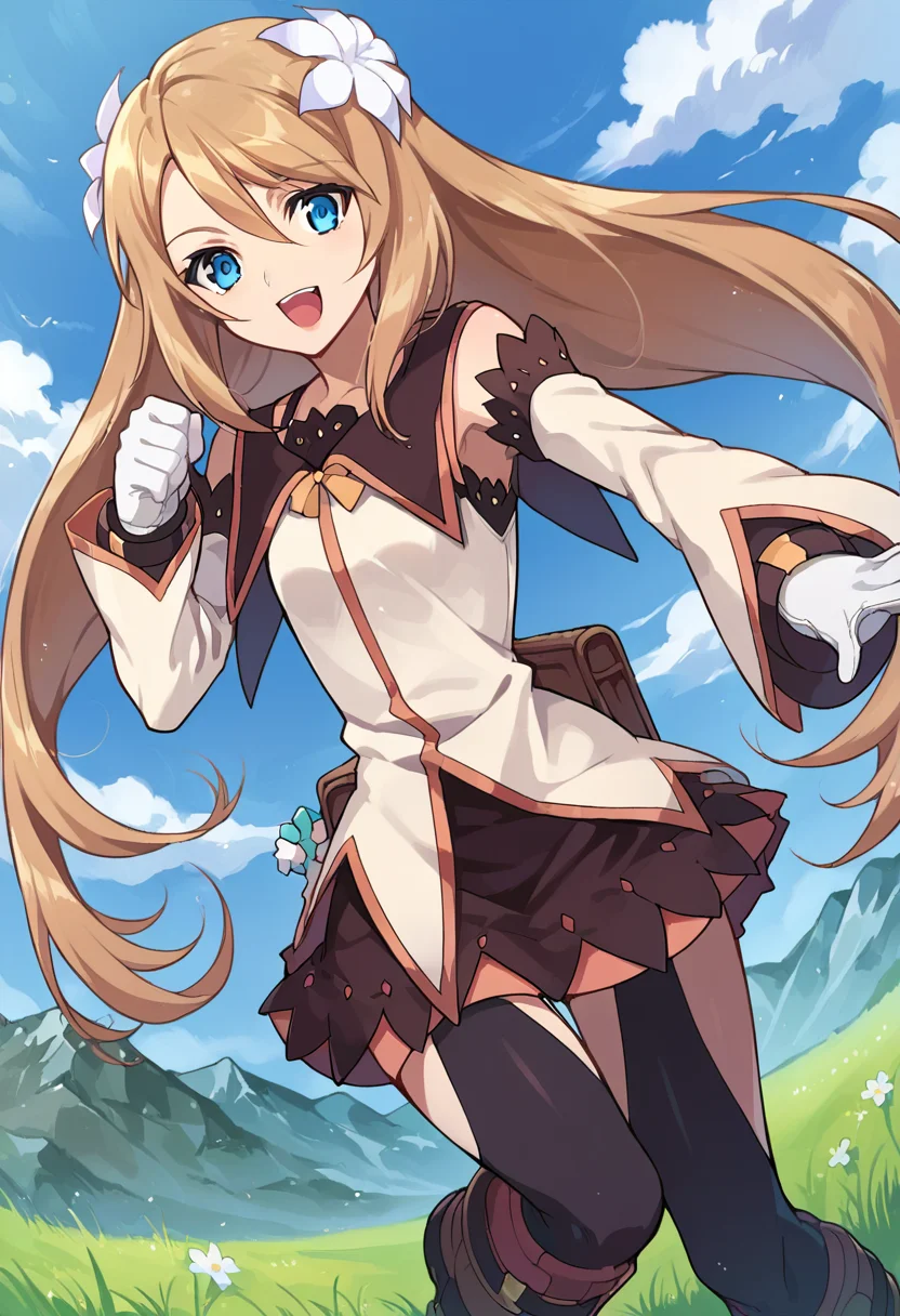 score_9,score_8_up,score_7_up,source_anime,zPDXL3,outdoors,day,cloud,blue sky,grass,field,mountain,
*//*,<lora:MartaLualdi-Pony:1>,martalualdi,1girl,solo,long hair,brown hair,blue eyes,hair ornament,hair flower,flower,knee boots,gloves,detached sleeves,skirt,black thighhighs,bag,
*//*,looking at viewer,cowboy shot,dutch angle,dynamic pose,smile,