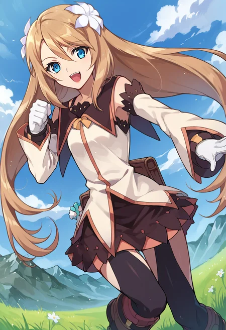 score_9,score_8_up,score_7_up,source_anime,zPDXL3,outdoors,day,cloud,blue sky,grass,field,mountain,
*//*,<lora:MartaLualdi-Pony:1>,martalualdi,1girl,solo,long hair,brown hair,blue eyes,hair ornament,hair flower,flower,knee boots,gloves,detached sleeves,skirt,black thighhighs,bag,
*//*,looking at viewer,cowboy shot,dutch angle,dynamic pose,smile,