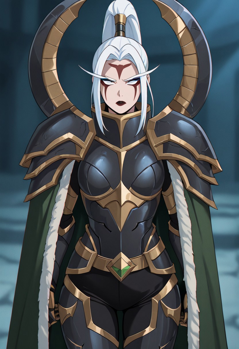 masterpiece, best quality, newest, absurdres, highres, 
anime, anime style,
1girl, NEPACK-Maiev-nohelmet-V1.1, white hair, ponytail, facial mark, lipstick, eyeshadow,
armor, cape, green cape, mask,white hair, ponytail, high taied ponytail,