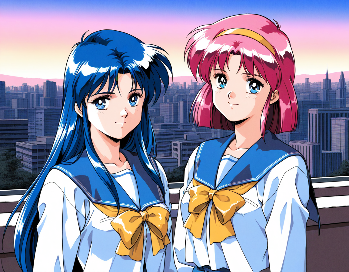 masterpiece, best quality, good quality, <lora:AiShimai_Futari_no_Kajitsu_IS:1> Kitazawa_Rumi, 1girl, blue hair, breasts, long hair, blue eyes, 
school uniform, serafuku, 1990s (style) BREAK, Kitazawa_Tomoko, 1girl, pink hair, Yellow hairband, small breasts, short hair,
serafuku, school uniform, Yellow ribbon, 1girl, BREAK,
 multiple girls, 2girls, blue eyes, blue hair, long hair, retro artstyle, long sleeves, smile, bow, blue sailor collar, sailor collar, 1990s (style), upper body, looking at viewer,
outdoor, sky, city,