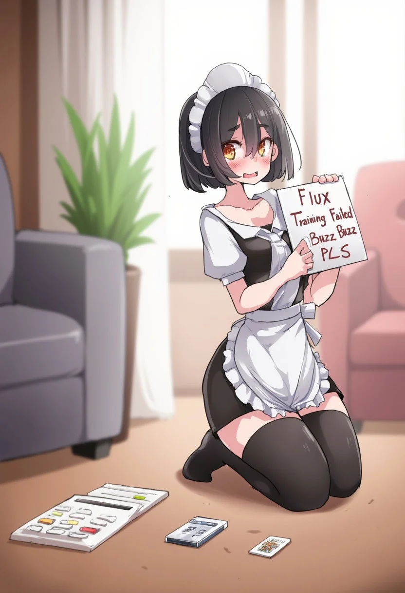 hd5,tnsk
A beautiful woman kneeling on the ground of a living room. She has short black hair styled in a bob cut, amber eyes, and appears to be wearing a maid uniform with thighhighs and a maid headdress. The woman is crying while facing the viewer, holding a sign that says "Flux Training Failed, Buzz PLS"