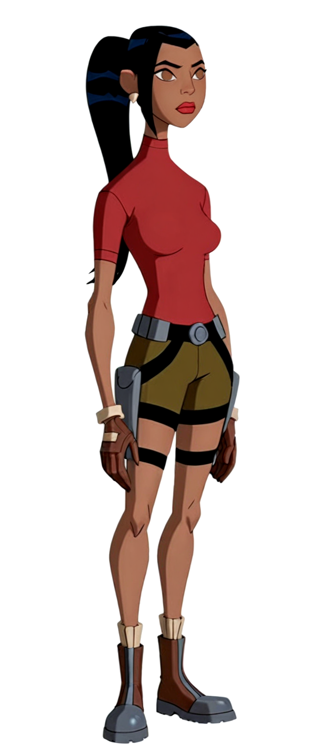 kaiOV, kaiOV outfit1, 1girl, solo, full body, dark-skinned female, blank eyes, brown eyes, long hair, ponytail, black hair, red lips, earrings, turtleneck, red shirt, breasts, gloves, belt, brown shorts, thigh strap, boots, white background, detailed, masterpiece,best quality,amazing quality,