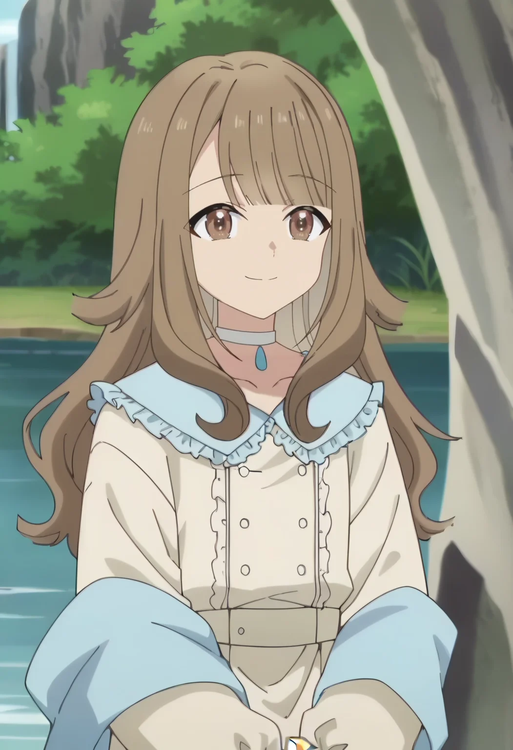 <lora:Hikari Tanabe:0.9> Hikari Tanabe, 1girl, brown eyes, long hair, brown hair , solo,blunt bangs, choker, long sleeves, collarbone, shawl, frills, white dress, looking at viewer, smile, score_9, score_7_up,anime coloring ,source_anime, anime, anime screencap