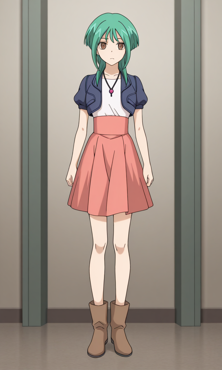 1girl, solo,tokoha_vgg, green hair, brown eyes,blue cropped jacket, white shirt, pink skirt, brown boots, pendant, full body , masterpiece,best quality,amazing quality,very aesthetic,absurdres,newest,