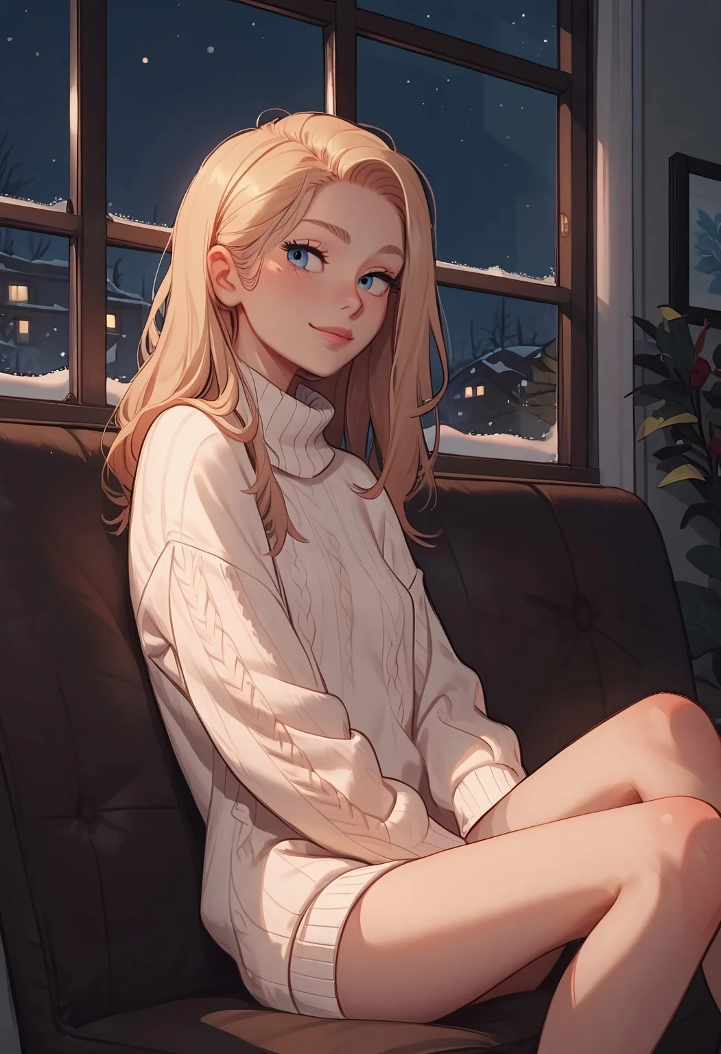 score_9, score_8_up, score_7_up, score_6_up, score_5_up, score_4_up, 1girl, 24 year old, solo, small breast, sitting on the chair, naughty smile, long blonde hair, blue eyes, sweater dress, indoors, night, window, winter, high quality