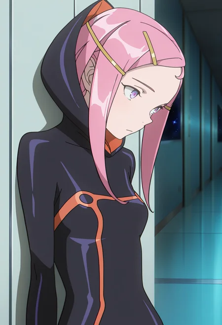 masterpiece, best quality, anime screenshot, anime, 1girl, solo, <lora:Anemone v2 [Illustrious] Eureka Seven:1>, ANES, purple eyes, pink hair, hairclip, sidelocks, black bodysuit, hood up, science fiction, indoors, hallway, space, against wall,