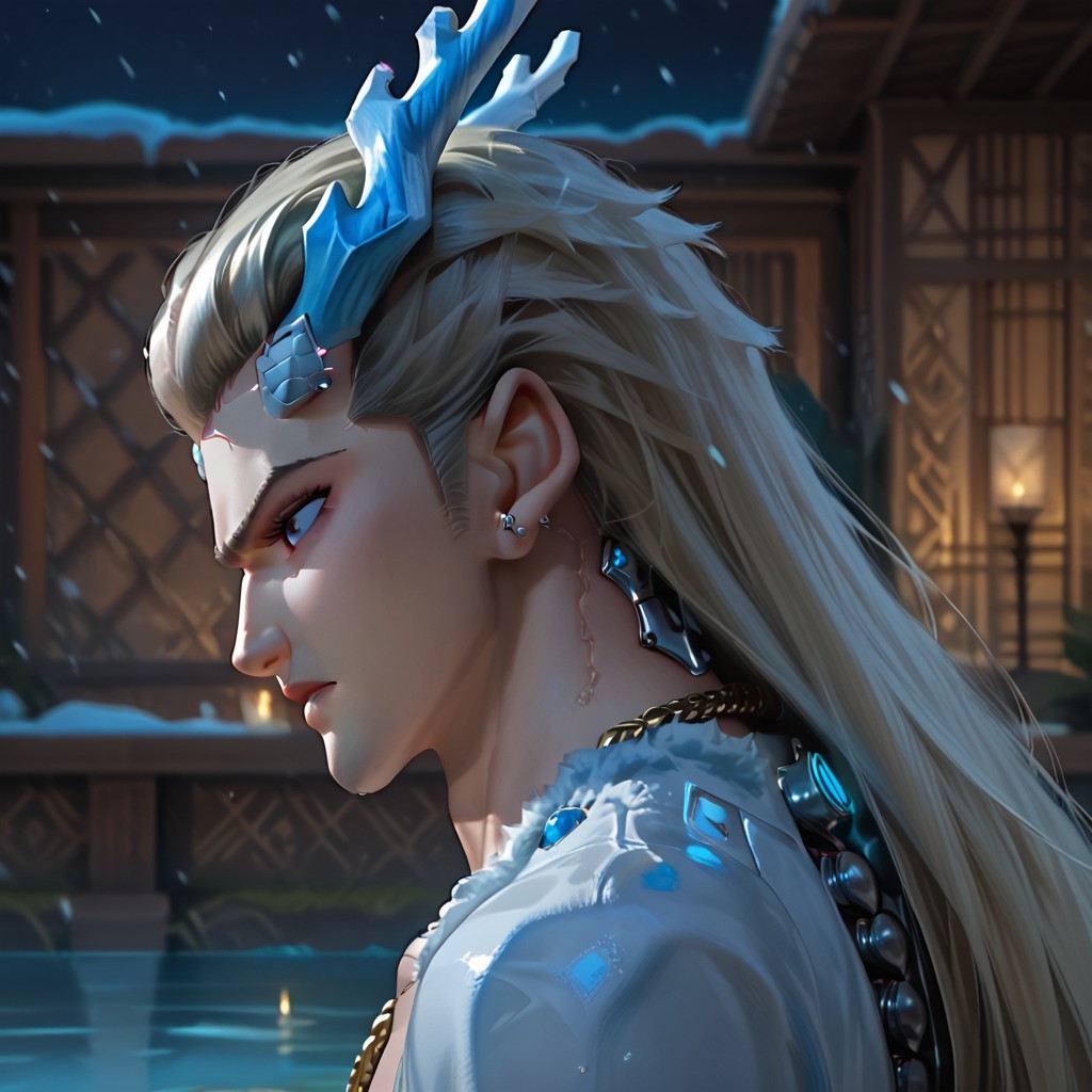 score_9, score_8_up, score_7_up, best quality, highly detailed, ultra high quality, masterpiece, high res, (from side back view), 
1boy, solo, AoBingDe, white blonde hair, long hair very long hair, brown eyes, expressive eyebrows, asian shaped eyes, sharp face, dragon horns, blue dragon horns, light pale skin, piercings on ears, jewelry, necklace, (((cyborg spine, cyborg spine on back, metal spine on back, steel spine, steel made vertebral spine))), nude, naked, back, tiny waist, thin waist, bubble butt, huge big butt, muscular butt, from behind, from back, hands on hips, arched back, ((looking back over shoulder, looking to viewer)), nude ass, ass focus, 
nude, naked, male, 18 years old, standing, wide shoulders, ((fur trim scarf, royal fur trim, prince boy, nobility, jewelry, gold chains)), slim waist, slim muscular, narrow waist, thigh gap, penis exposed, long penis, huge penis, flaccid penis, flaccid, big saggy balls, sagging balls,
in a pond, inside a pond, lotus, cold water, ice, ice crystals,
sofisticated atmosphere, ice, snow, snowing, outdoors, night, soft moolight