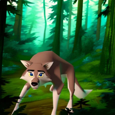 score_9, score_8_up, score_7_up, score_6_up, aleu, wolf, two tone fur, blue eyes, yellow sclera, forest, n64zeldastyle, 3d, polygonal, forest, full body