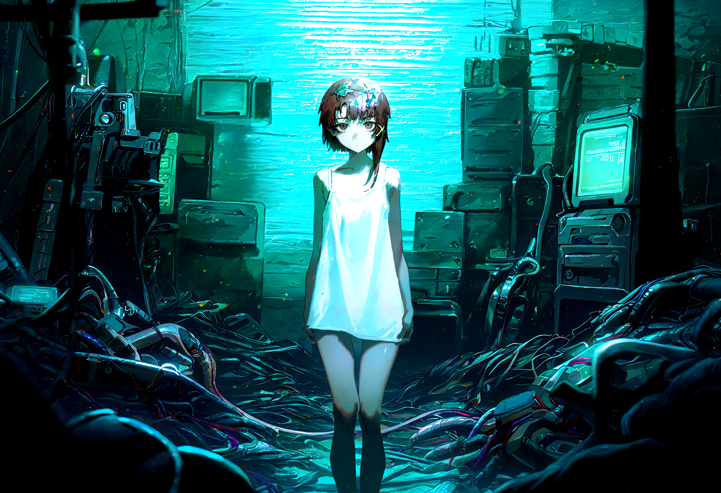 masterpiece, best quality, amazing quality, very aesthetic, absurdres,  newest,
1girl, iwakura lain,  solo, standing,  thigh_gap,  white camisole , dark_background, cable, looking_at_viewer ,pile , spaghetti_strap , utility_pole, wide_shot,
yoneyama mai,quasarcake:0.7, rolua, negative space, cinematic shot, very awa, science fiction,matrix, code, digital,computer, glitch,wire, cables in hair, , green background,
<lora:cfg_scale_boost:0.7>, <lora:illustrious_noobai_epsilon_pred_11_very_aesthetic_v1:0.6>, <lora:illustrious_noobai_epsilon_pred_1_masterpieces_v1:0.6>, <lora:illustrious_noobai_epsilon_pred_1_best_quality_v1:0.6>, <lora:Lain_PonyXLv3:0.7>, <lora:Code__Digital_World_Morph_v2_PONY_XL_by_UOC:0.7>