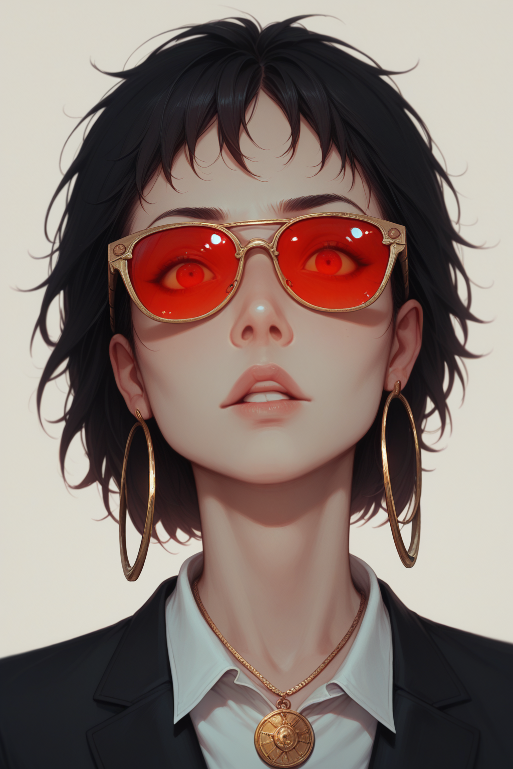 embedding:lazyup, embedding:lazympos, Stylized digital portrait of a person with fair skin and short, dark hair. The subject is wearing red-tinted sunglasses, a white shirt, and a black blazer. They have a confident expression with slightly parted lips and a relaxed posture. The background is a solid, vibrant red, which contrasts with the subject's attire. The person is accessorized with gold jewelry, including a necklace with a pendant and small hoop earrings. The overall composition is bold and striking, with a focus on the subject's face and upper body. easynegative, sinozick style, flat color, dark theme <lora:TrendCraft_The_Peoples_Style_Detailer-v2.0A-3_13_2025-PonyXL:0.6>