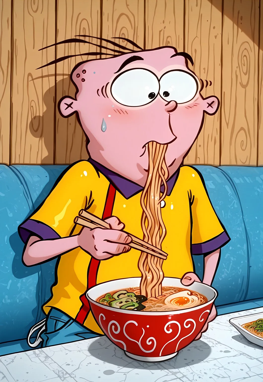 masterpiece, absurdres, highest quality, highly detailed, 1boy, solo, (eddyboy:1.2), (sc4m:1.2), yellow shirt, blue jeans, three hairs, eating ramen, bowl, chopsticks,
