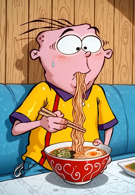 masterpiece, absurdres, highest quality, highly detailed, 1boy, solo, (eddyboy:1.2), (sc4m:1.2), yellow shirt, blue jeans, three hairs, eating ramen, bowl, chopsticks,