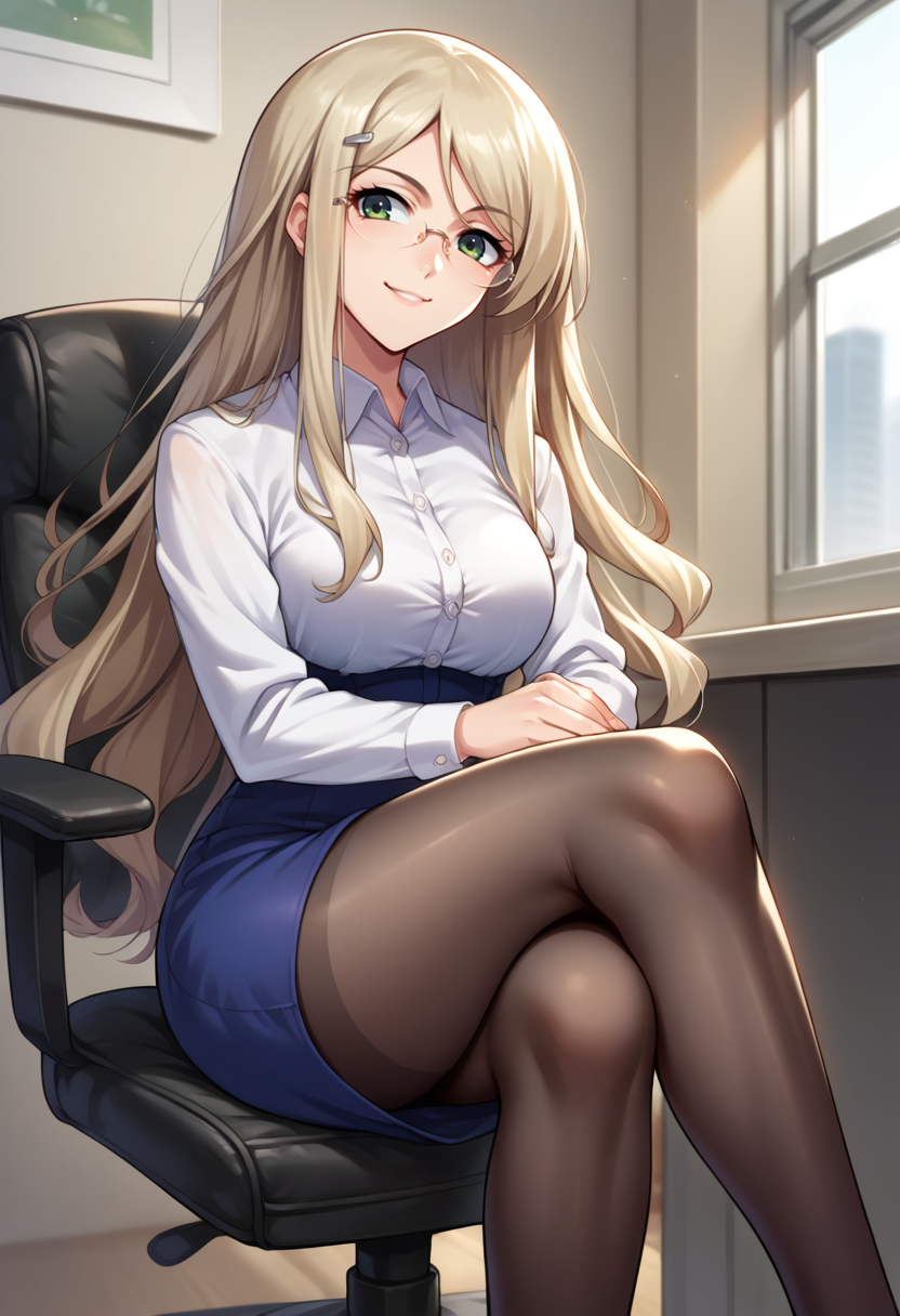 score_9, score_8_up, source_anime, 1girl, solo, KusunokiYua, long hair, glasses, hairclip, indoors, office lady, office chair, sitting, crossed legs, miniskirt, black pantyhose, dress shirt, smile, <lora:ChamYuaKusunokiPonyXL:1>