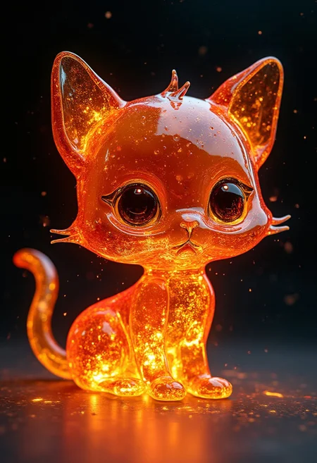 A 3D render of a glass artwork of a stunning little chibi fire kitten. The artwork is made of molten glass of different colors, stretched with thin threads. The artwork is a work of art that enchants with its proportions and improbability of the composition. All the elements are worked out and very detailed. The combination of style and colors makes it a unique piece. detailmaximizer